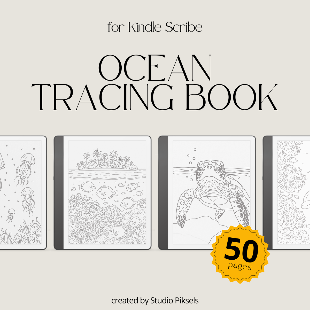 Ocean Tracing Book for Kindle Scribe featuring ocean animal tracing pages with dolphins, whales, turtles, coral reefs, and sea life illustrations for mindful digital drawing practice.