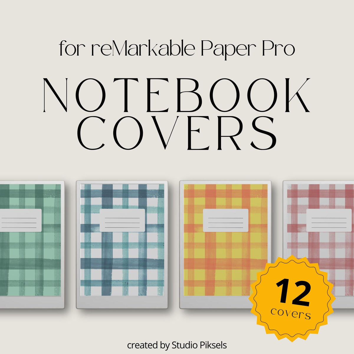 Plaid notebook cover bundle for reMarkable Paper Pro featuring 12 digital notebook cover designs with classic check patterns for organizing journals, planners, notes, and custom digital notebooks.