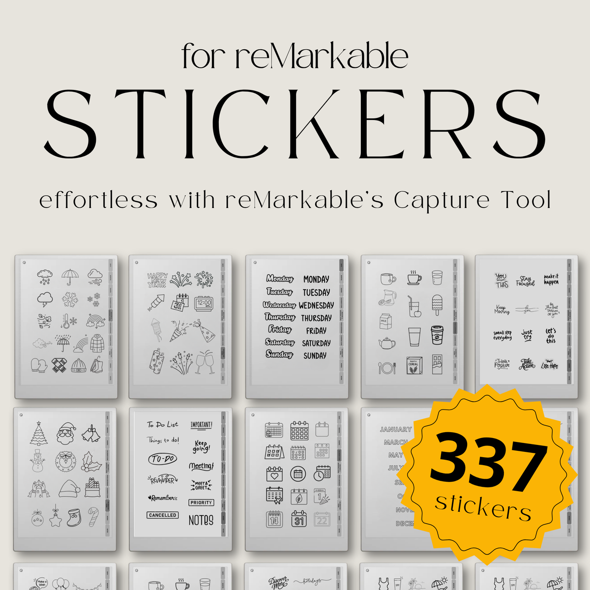 digital planning stickers for reMarkable Paper Pro, Paper Pure, and reMarkable 2 with calendar, weather, food, cleaning, labels, and productivity icons.