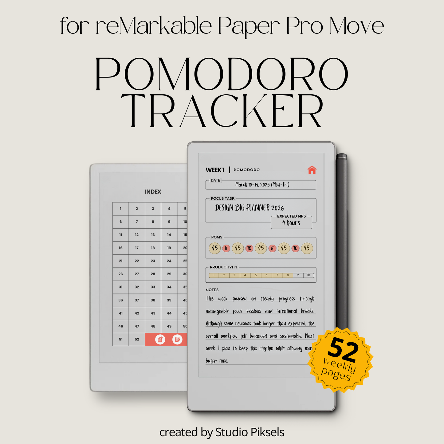 Hyperlinked pomodoro tracker PDF for reMarkable Paper Pro Move with weekly focus layout and session log pages.