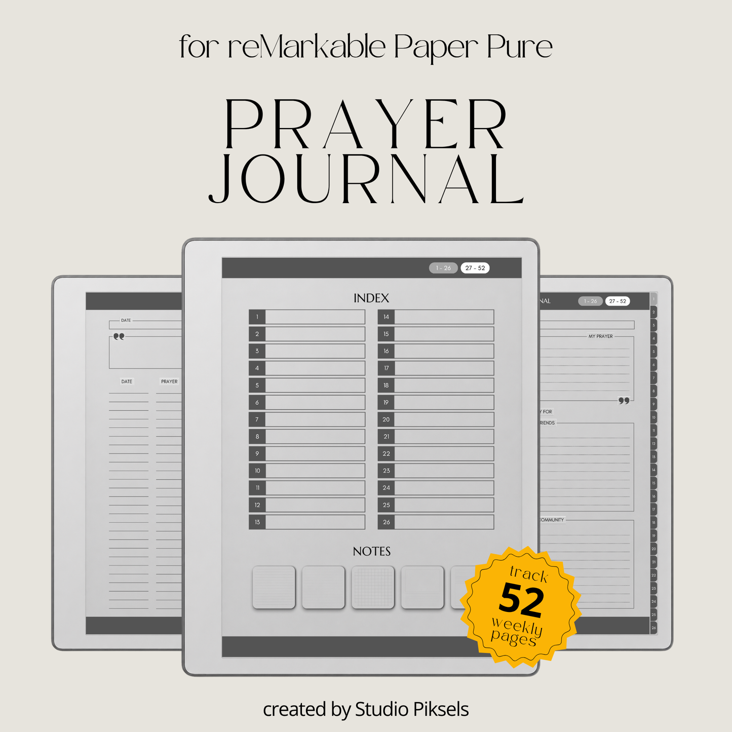 Hyperlinked Weekly Prayer Journal for reMarkable 2 and reMarkable Paper Pure with 52 weekly prayer pages, prayer lists, Bible study notes, and monochrome e-ink layouts.