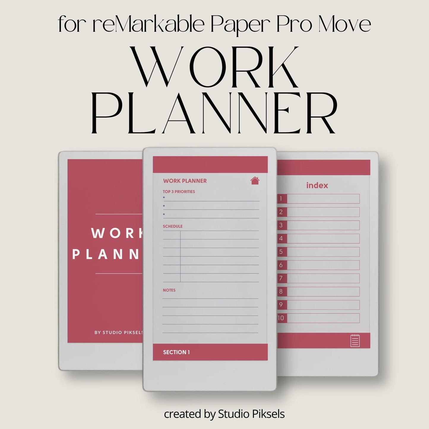 Hyperlinked priority work planner for reMarkable Paper Pro Move with clean layouts and structured productivity sections.