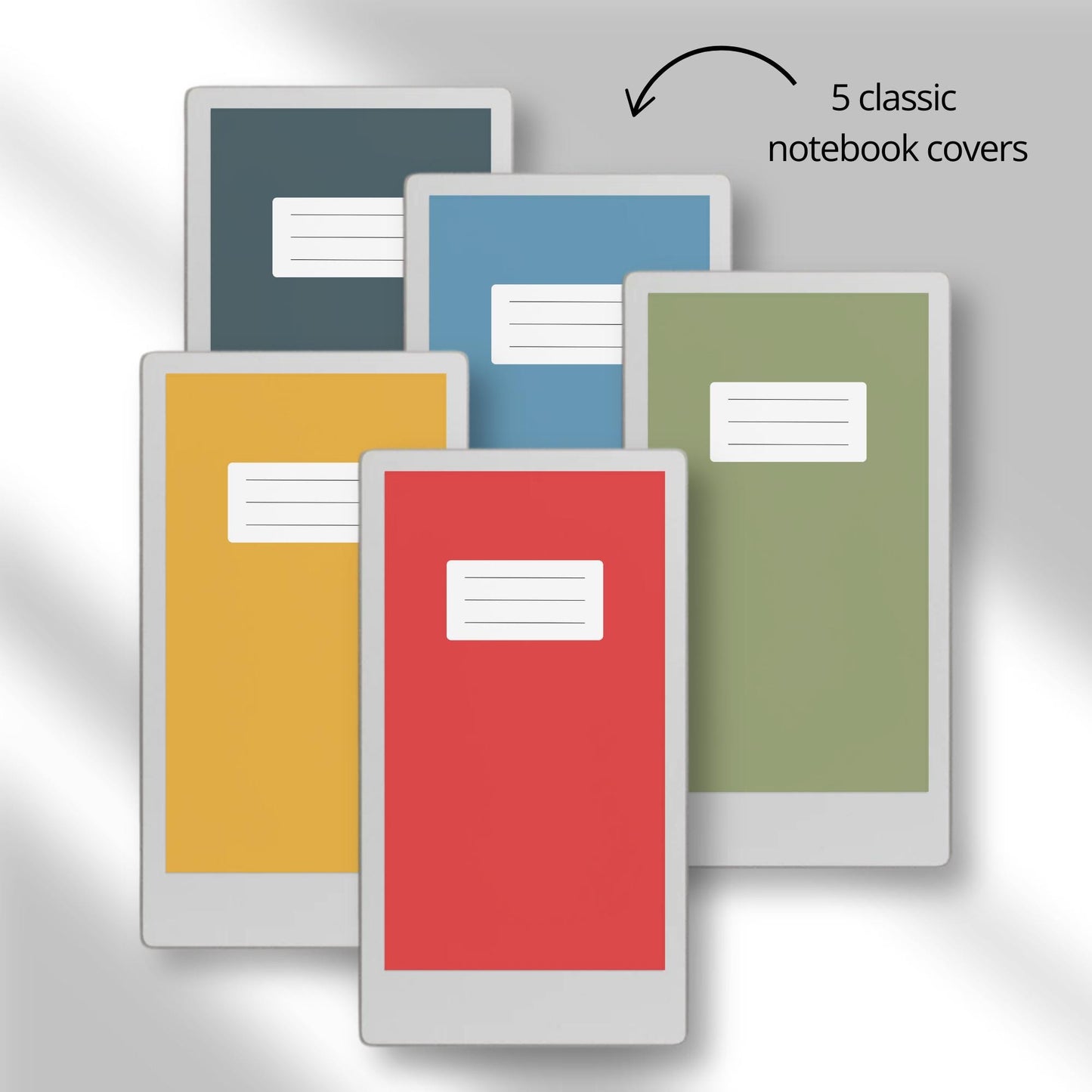 Productivity notebooks for reMarkable Paper Pro Move with 21 hyperlinked planners, trackers, notepads, and sticky notes for organized digital workflow.