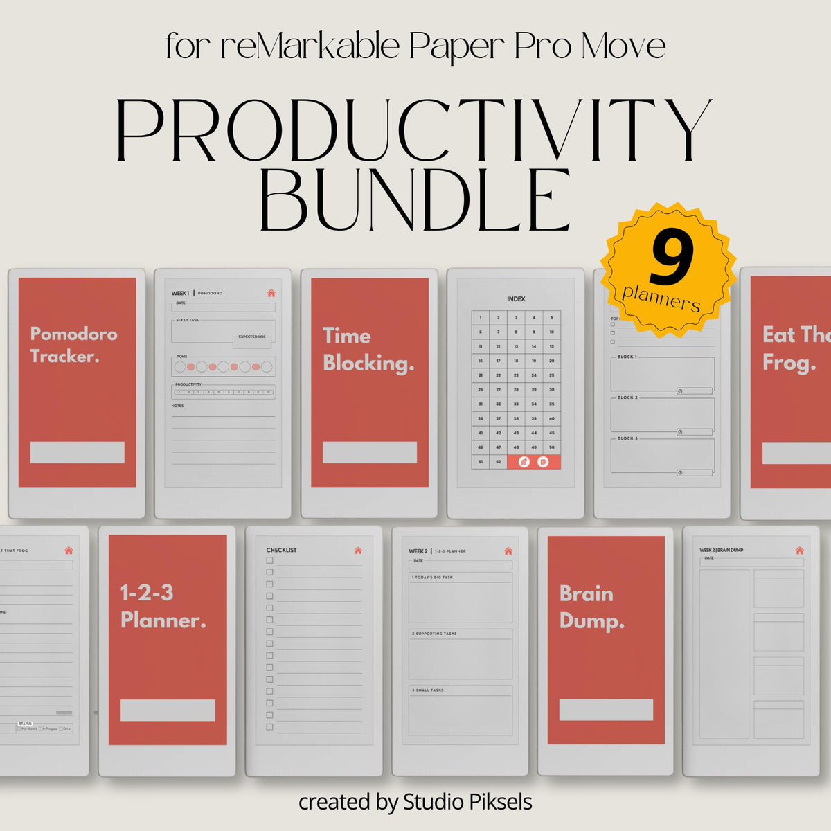 Productivity planners for reMarkable Paper Pro Move with hyperlinked planning and focus layouts.