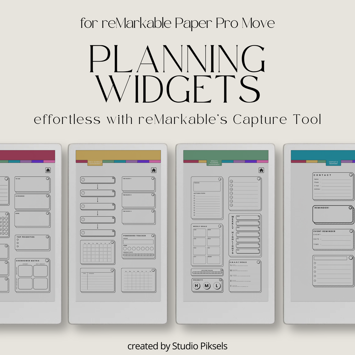 Productivity Widgets for reMarkable Paper Pro Move with task lists, schedules, goals, reminders, wellness and note-taking widgets for digital planning.
