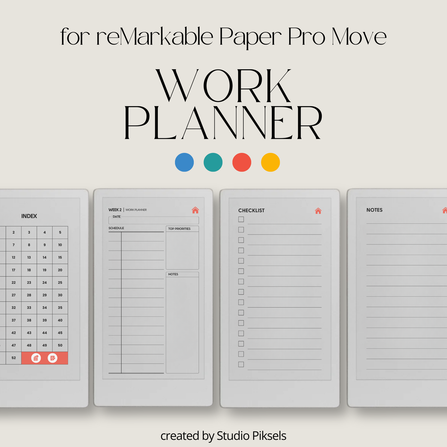 Hyperlinked work planner PDF for reMarkable Paper Pro Move with weekly layout, checklist, and note pages.