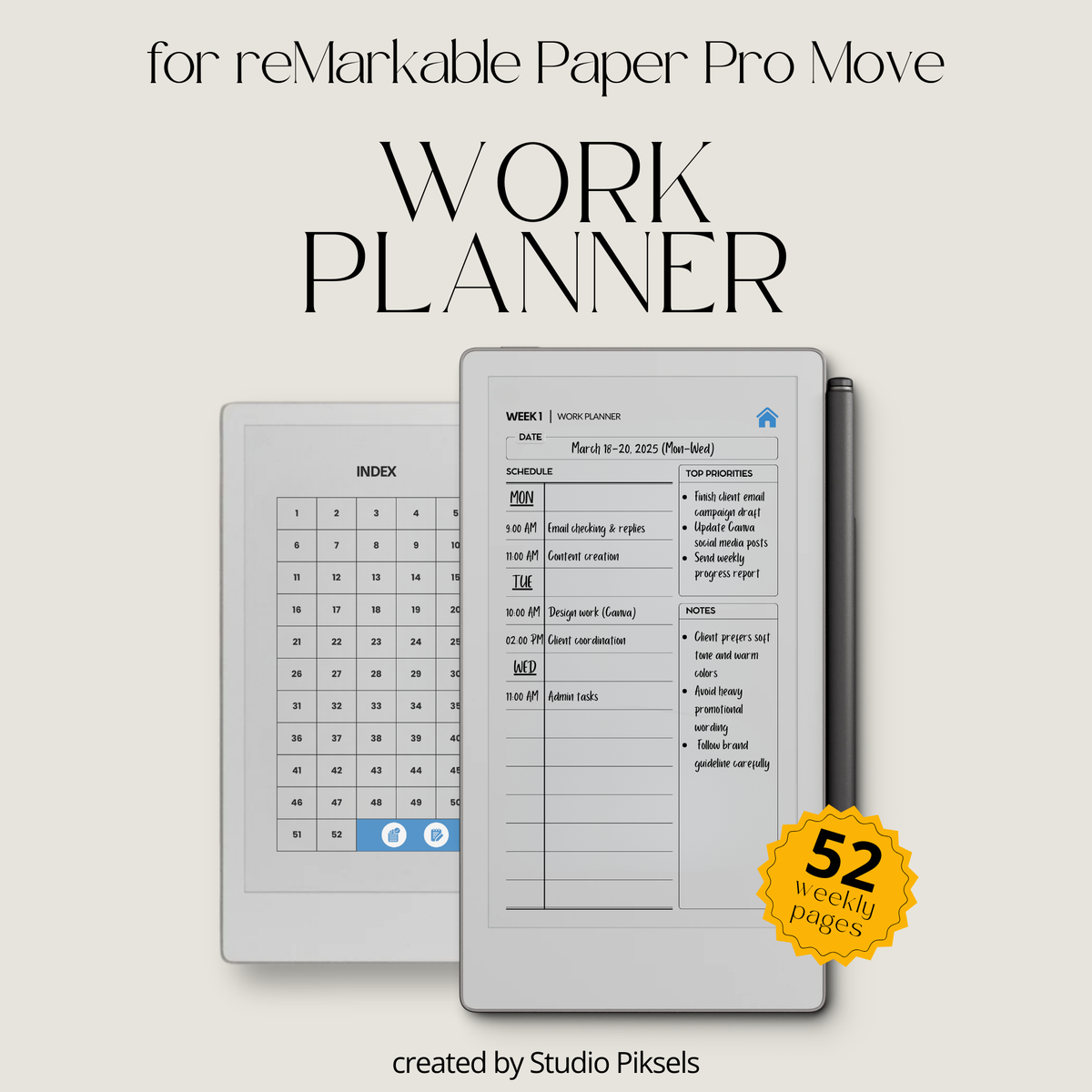 Hyperlinked work planner PDF for reMarkable Paper Pro Move with weekly layout, checklist, and note pages.