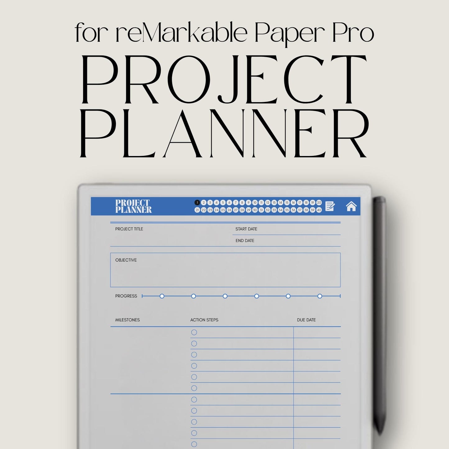 Project planner for reMarkable Paper Pro with hyperlinked project pages.