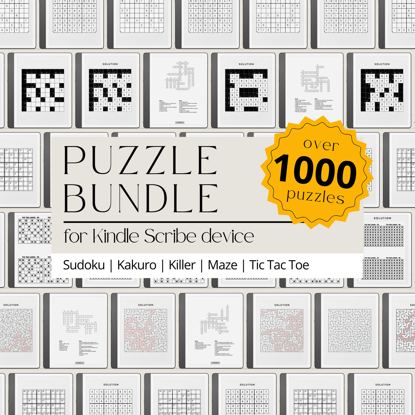 Puzzle Bundle PDF for Kindle Scribe with Sudoku, crossword, Kakuro, maze puzzles, and logic games for brain training.