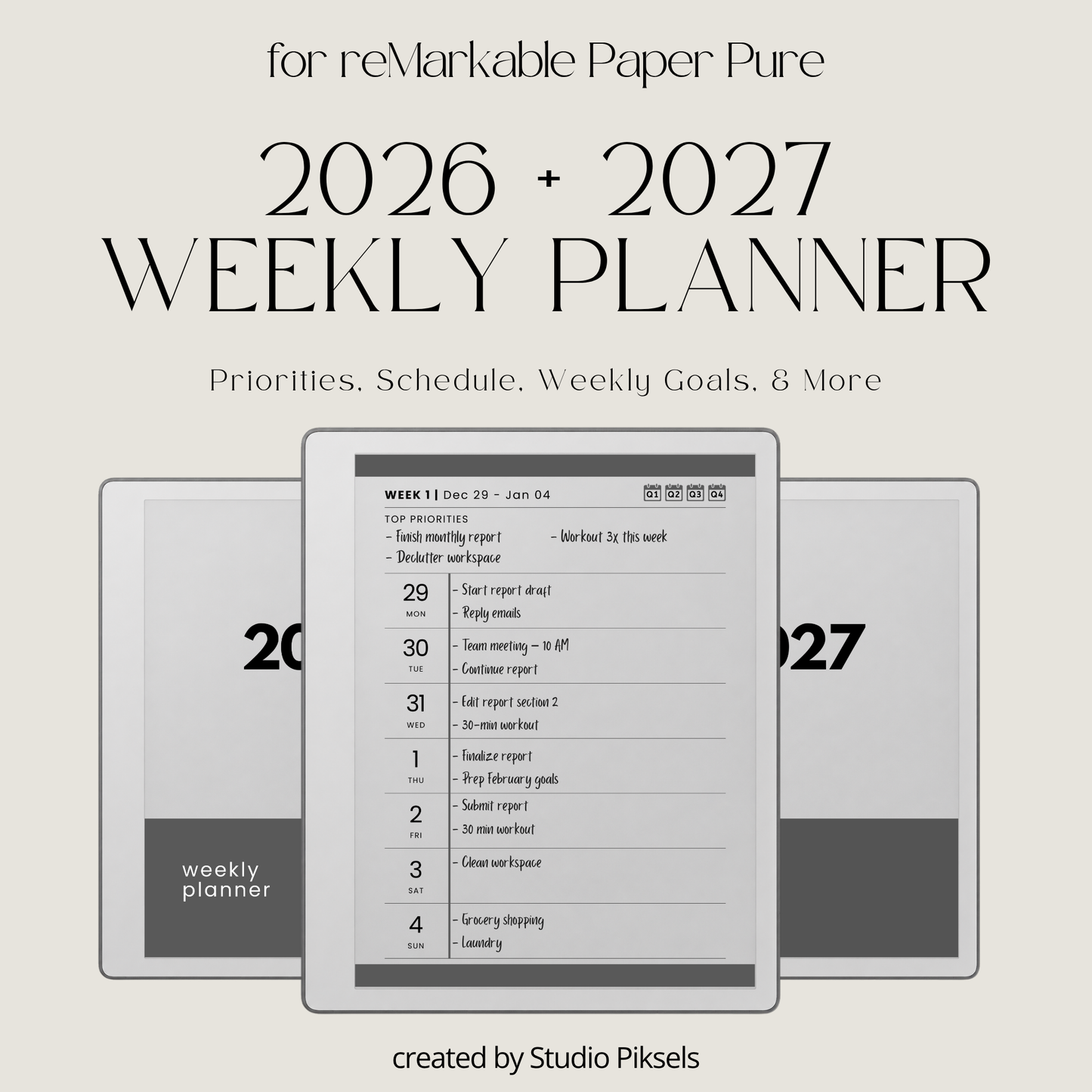 2026 & 2027 Quarterly Overview Weekly Calendar for reMarkable 2 and reMarkable Paper Pure featuring quarterly overview indexes, 52 weekly planning spreads, 10 linked notes pages, and monochrome hyperlinked PDF layouts.