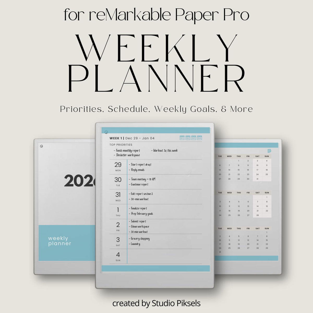 2026 weekly planner for reMarkable Paper Pro with hyperlinked quarterly calendar and weekly planning pages.