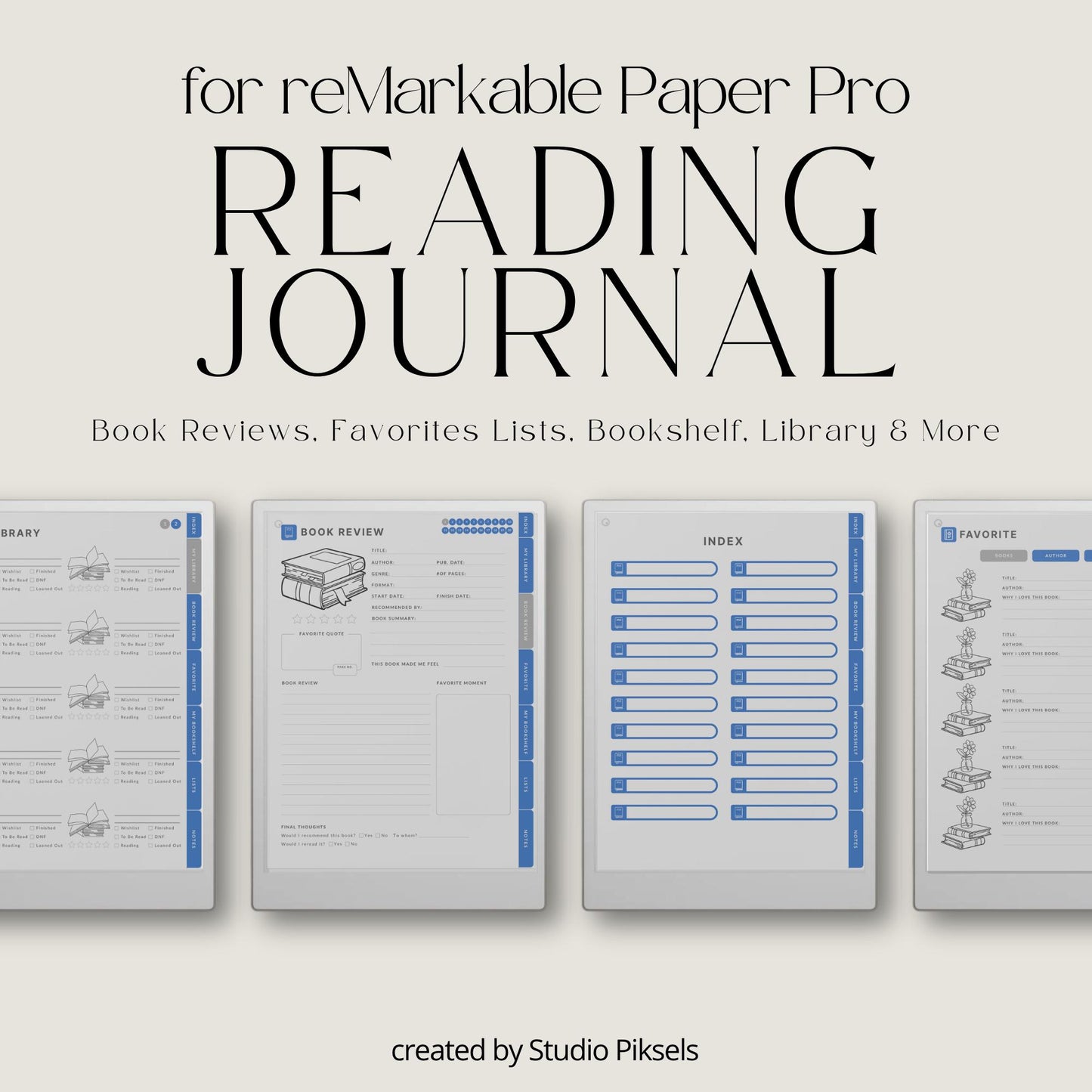 Reading journal for reMarkable Paper Pro with hyperlinked sections and book reviews.