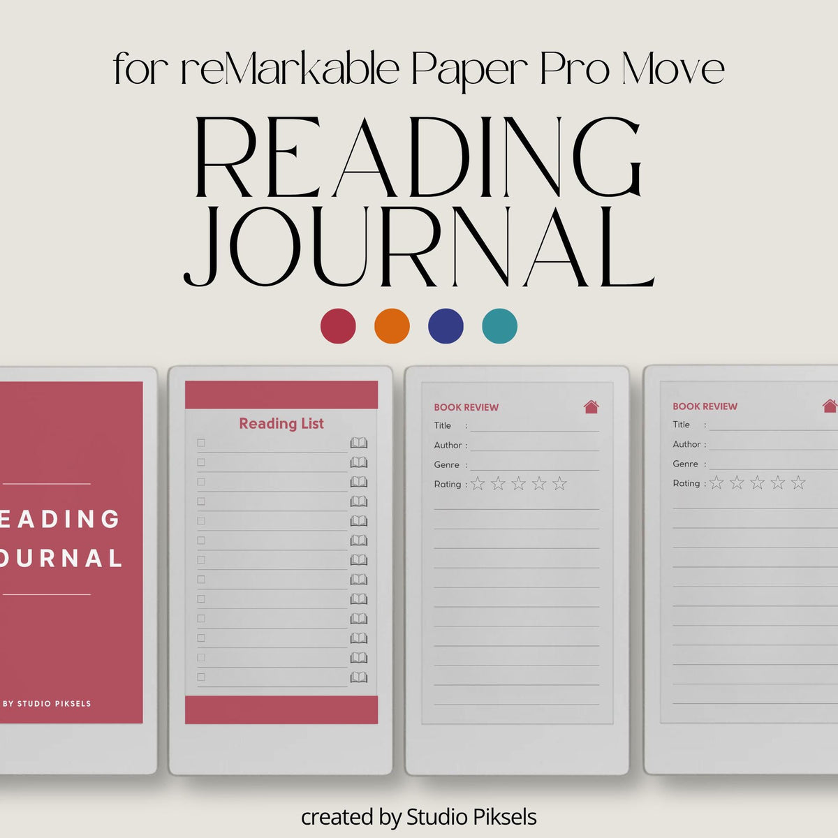 Reading journal for reMarkable Paper Pro Move used to track reading lists, write book reviews, and reflect on completed books.