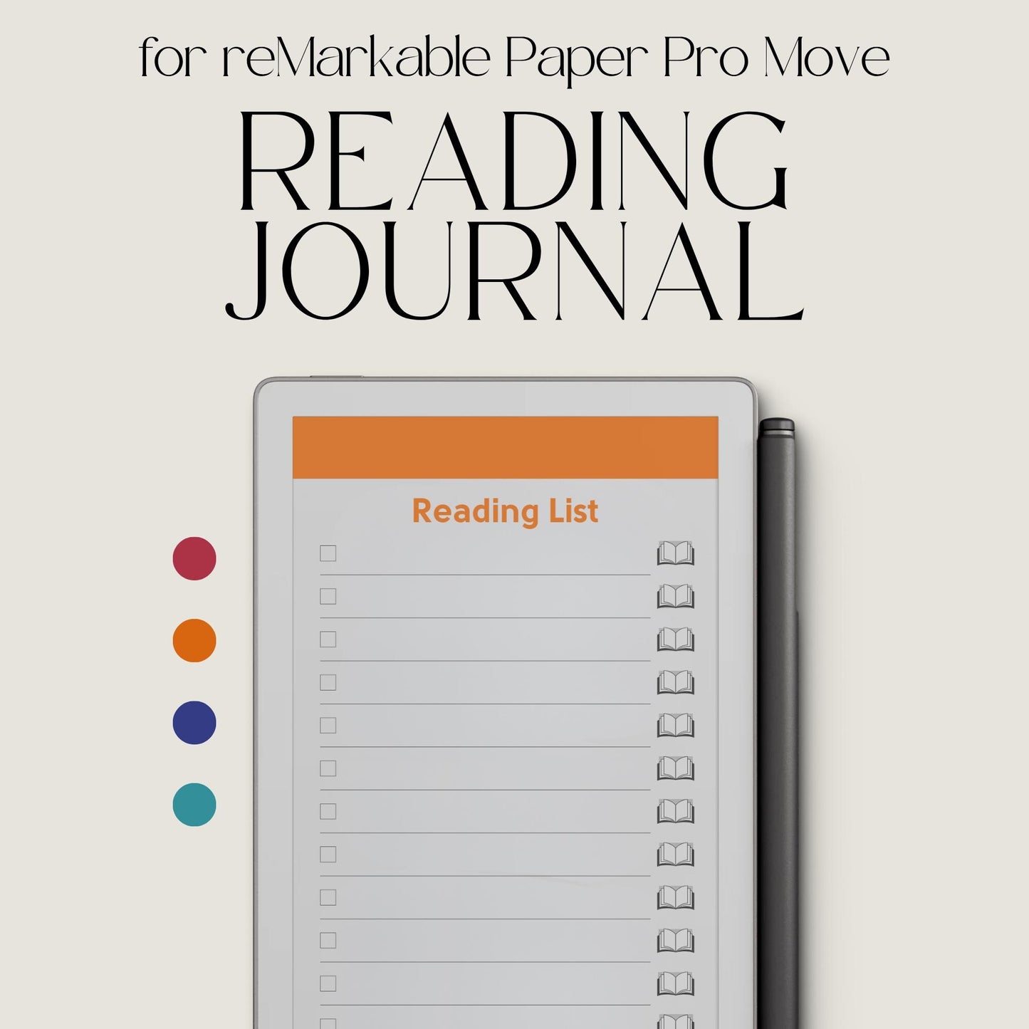 Reading journal for reMarkable Paper Pro Move used to track reading lists, write book reviews, and reflect on completed books.