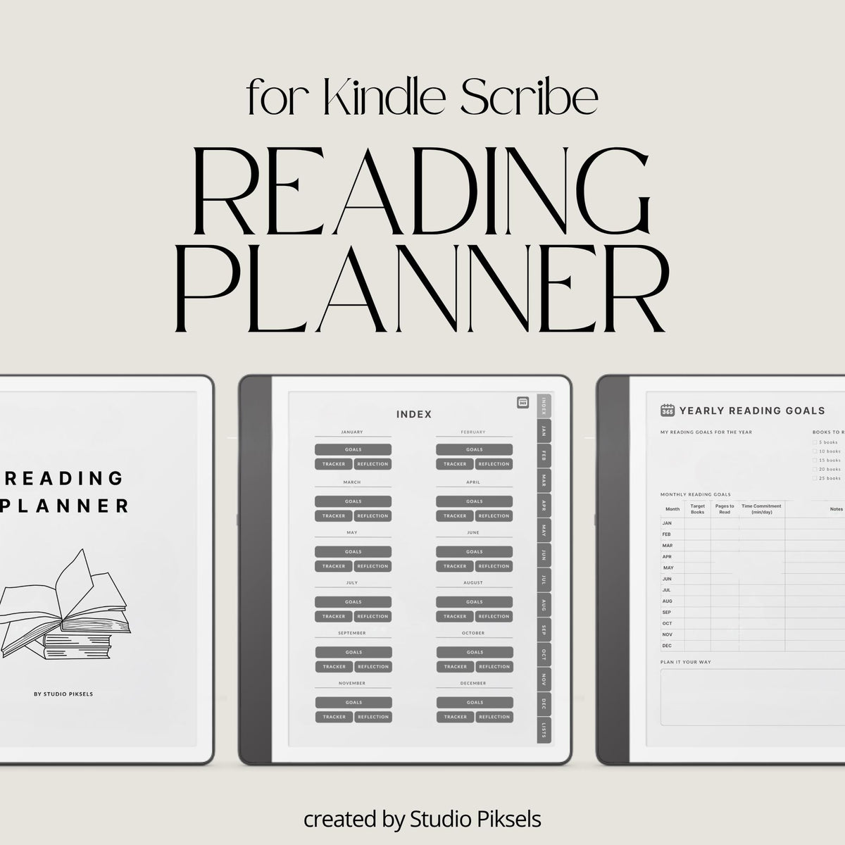 Hyperlinked Reading Planner for Kindle Scribe featuring monthly reading trackers, yearly reading goals, book reflection pages, and organized reading lists.
