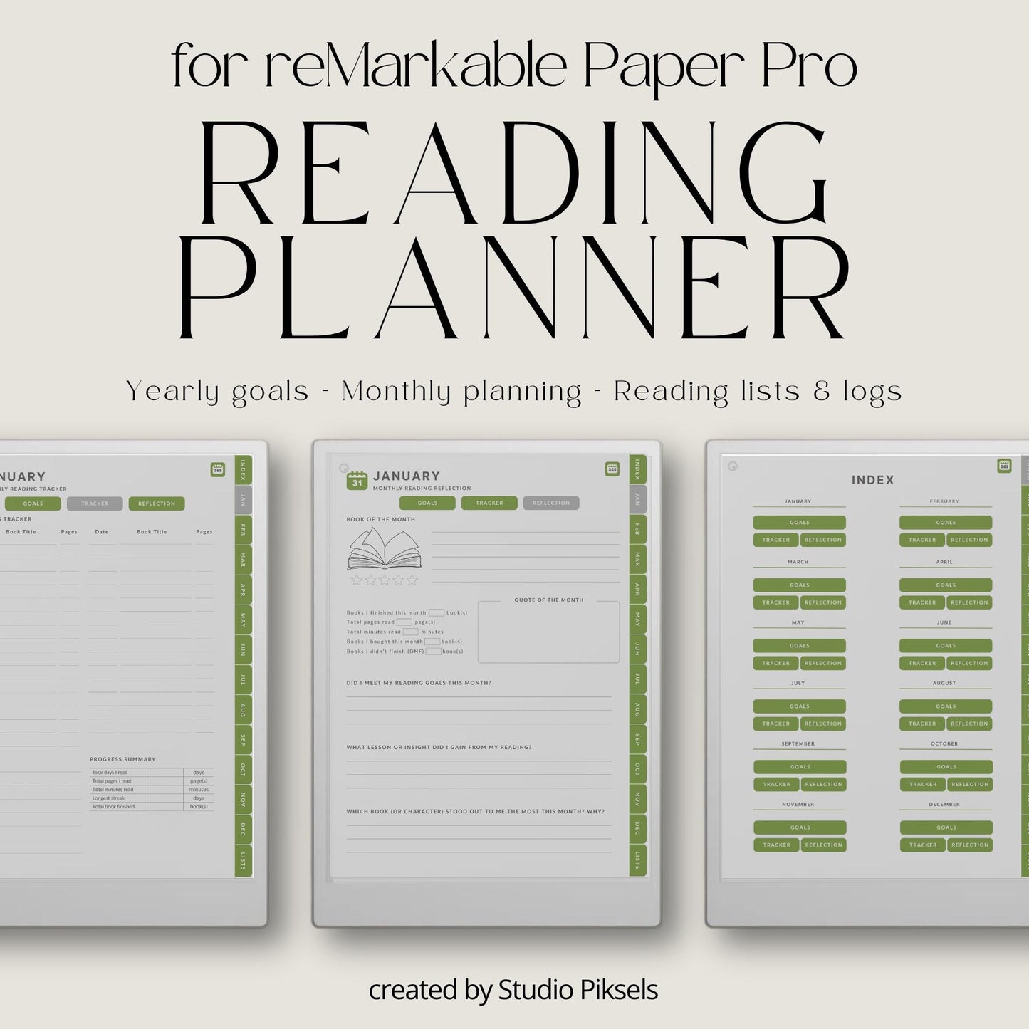 Reading planner for reMarkable Paper Pro with hyperlinked reading trackers and book list pages.