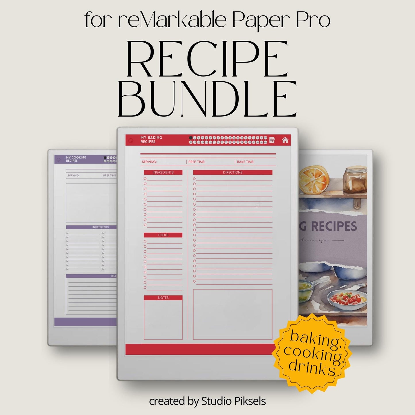 Recipe book collection for reMarkable Paper Pro with hyperlinked recipe pages.