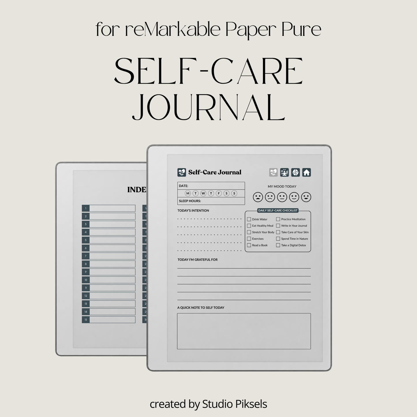 30-Day Self-Care Journal for reMarkable 2 and Paper Pure featuring 30 daily self-care sections, habit trackers, brain dumps, six self-care bingo cards, and a gray monochrome hyperlinked PDF layout.