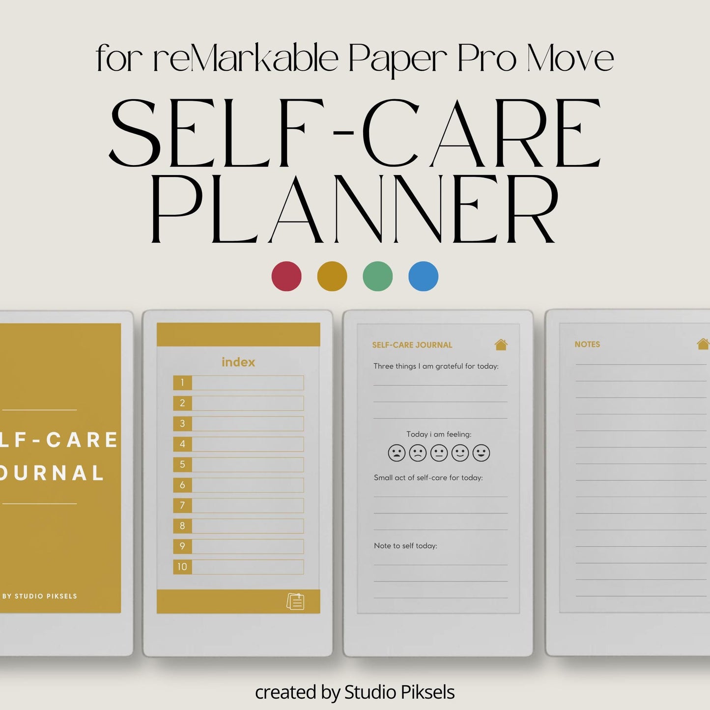 Self-care planner for reMarkable Paper Pro Move used for daily reflection, gratitude journaling, and mindful habit building.