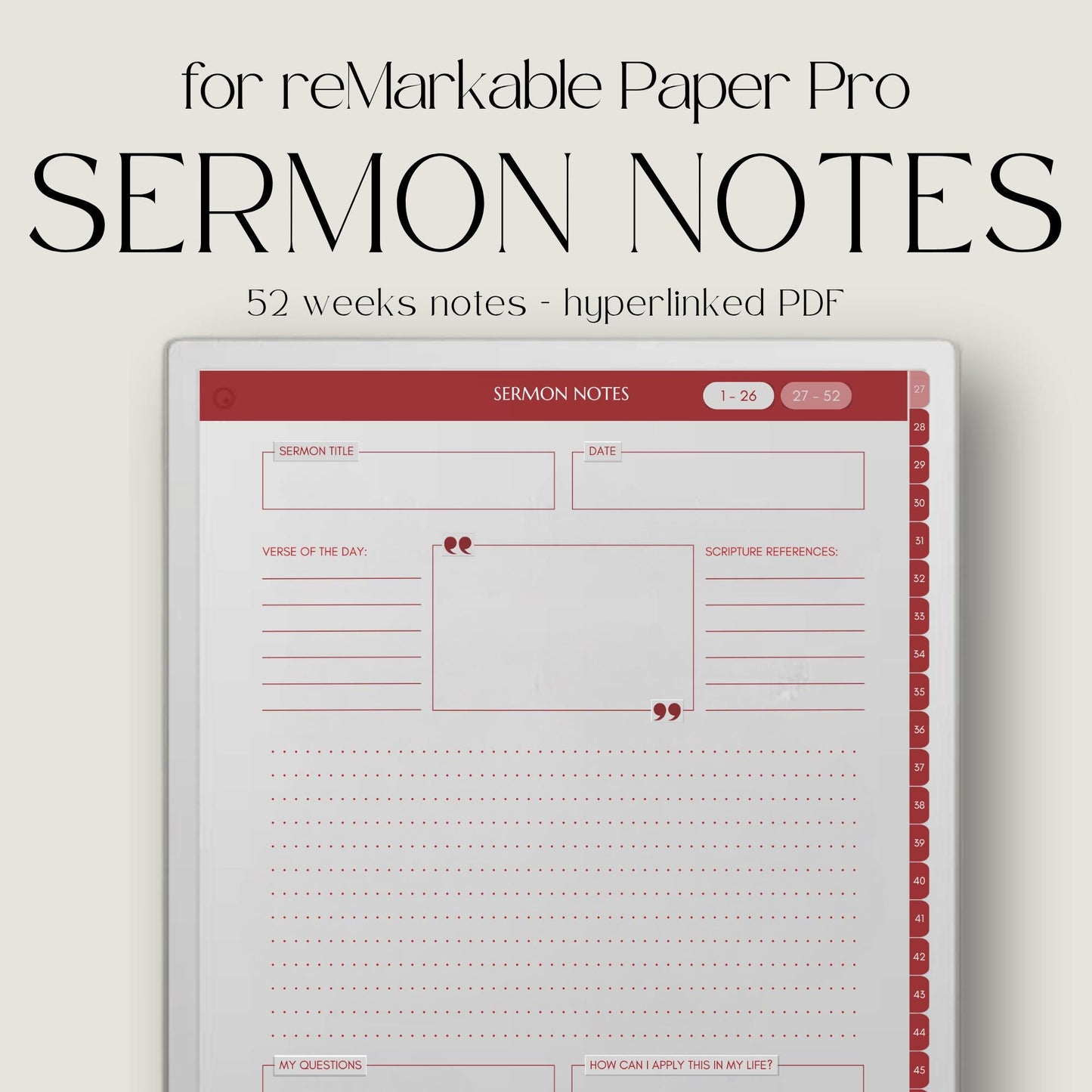 Hyperlinked sermon notes journal for reMarkable Paper Pro with 52 weekly sermon pages and Bible study note layouts designed for digital note taking.