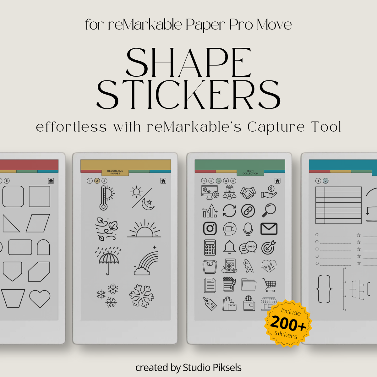 Shape and Icon Stickers for reMarkable Paper Pro Move with 205 reusable shapes, functional icons and diagrams for planners, notebooks, journals and notes.