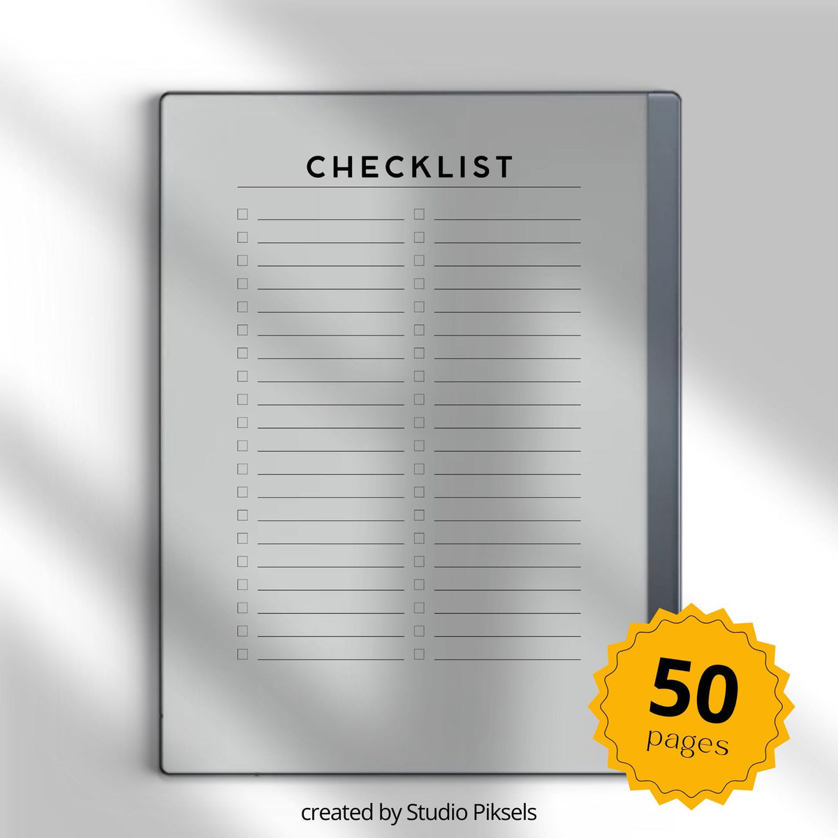 Checklist Notebook PDF for reMarkable 2 and Paper Pure with grayscale to-do list pages and minimalist task organization layout