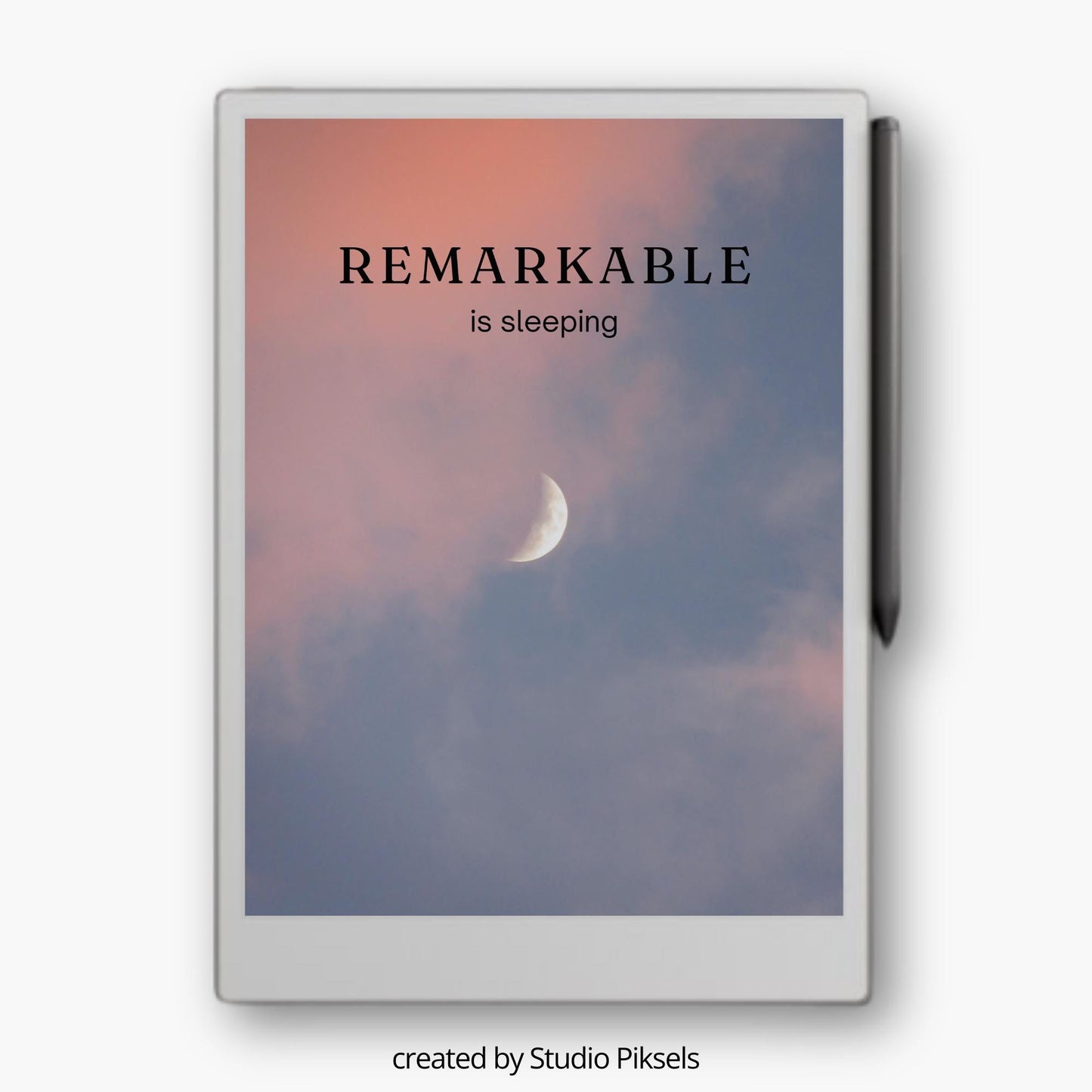 Bring a calm night-sky atmosphere to your reMarkable Paper Pro with this crescent moon sleep screen. The design features a soft twilight sky with a crescent moon and gentle clouds, creating a quiet and reflective visual for sleep mode.