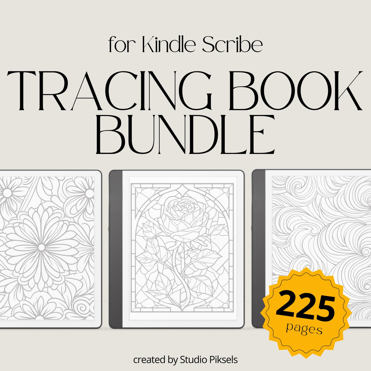 Stained Glass, Abstract Patterns, Floral & Wavy Patterns Tracing Book Bundle for Kindle Scribe featuring decorative tracing pages, floral illustrations, geometric patterns, and calming wave designs for mindful digital drawing.
