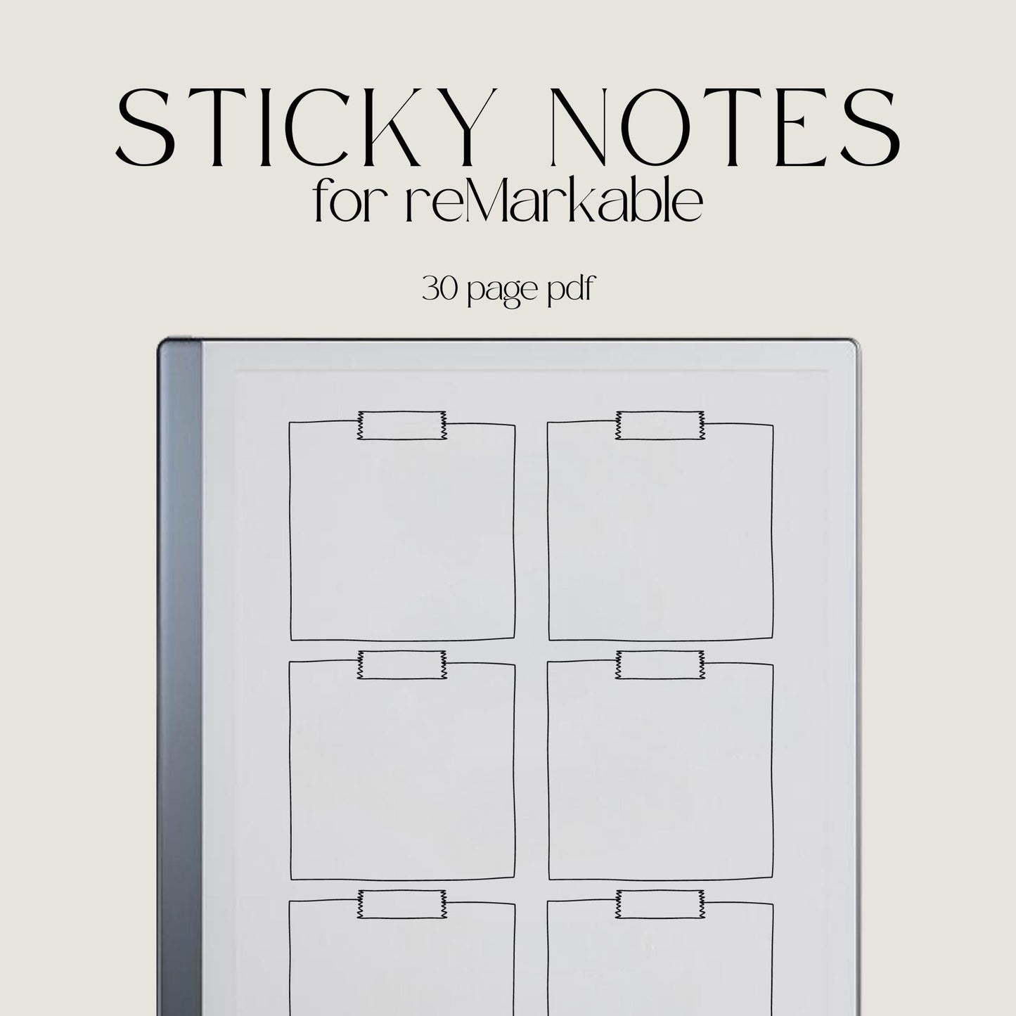 Sticky Notebook for reMarkable 2 and reMarkable Paper Pure featuring reusable digital sticky note pages with minimalist layouts for task management and note-taking.