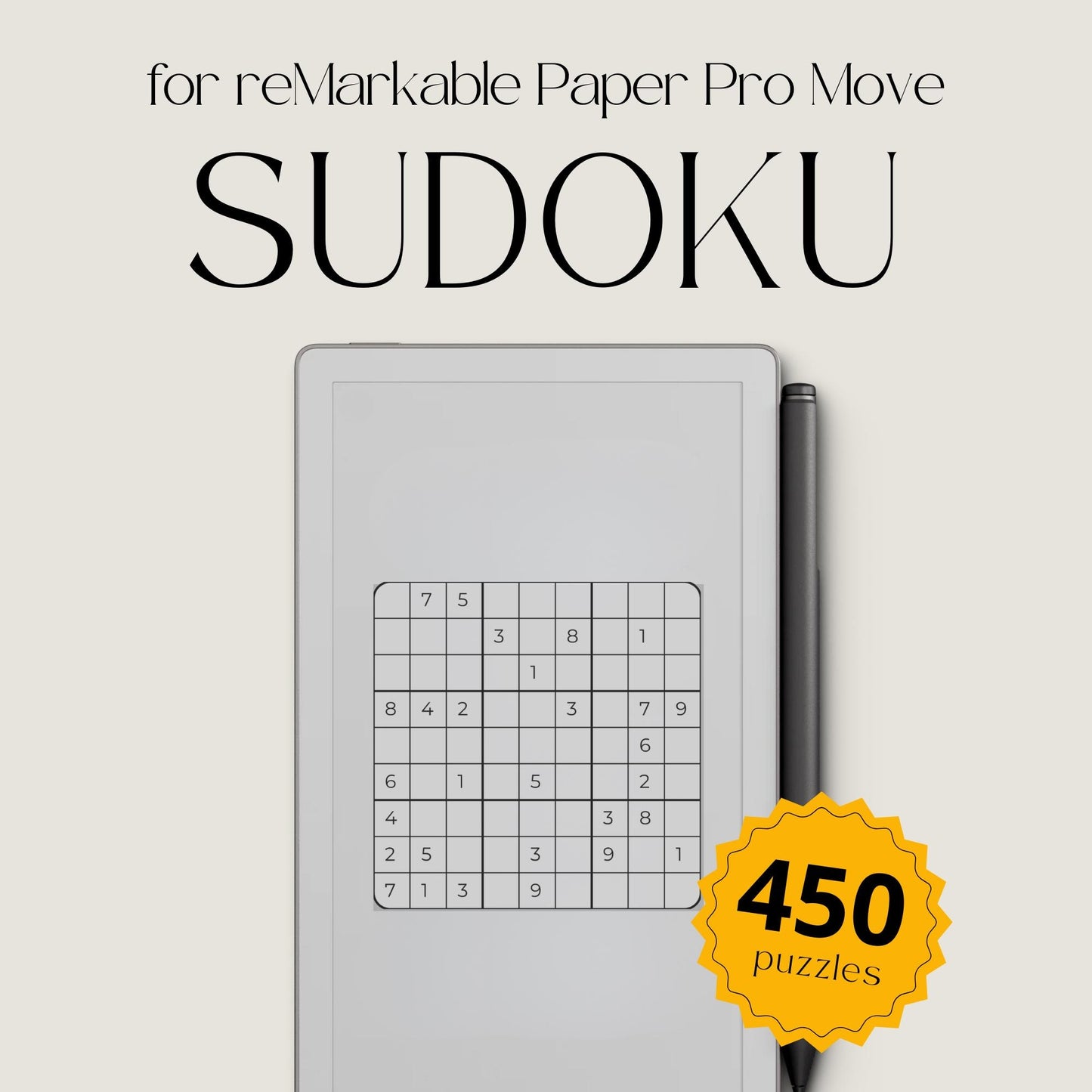 Sudoku Puzzle Book Bundle for reMarkable Paper Pro Move with 450 easy, medium, and hard puzzles.