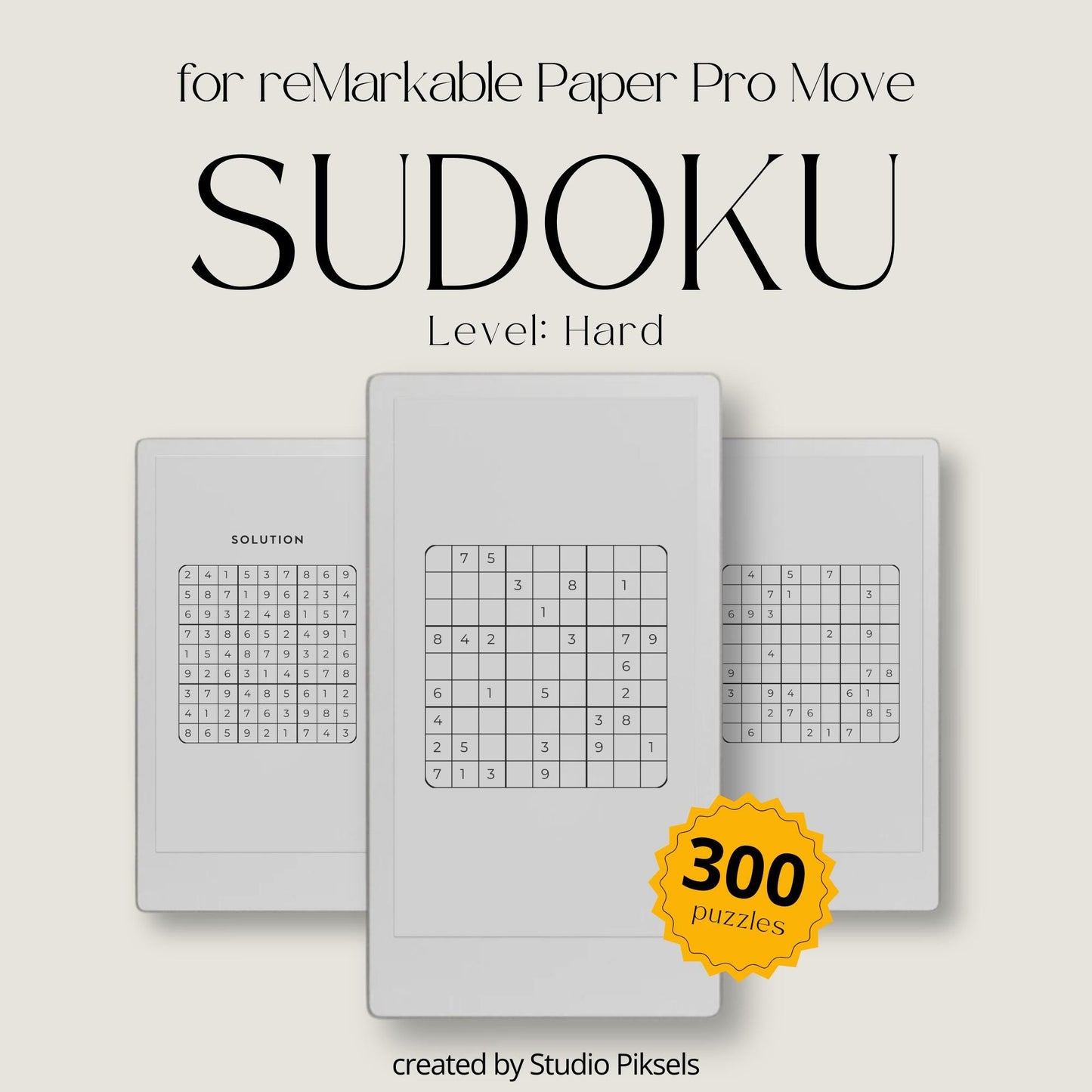 Sudoku Puzzle Book Hard Level for reMarkable Paper Pro Move featuring a clean design
