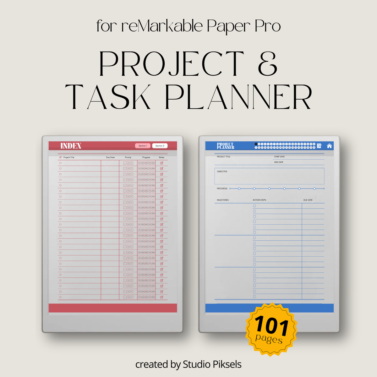 Digital task and project management notebook for reMarkable Paper Pro.