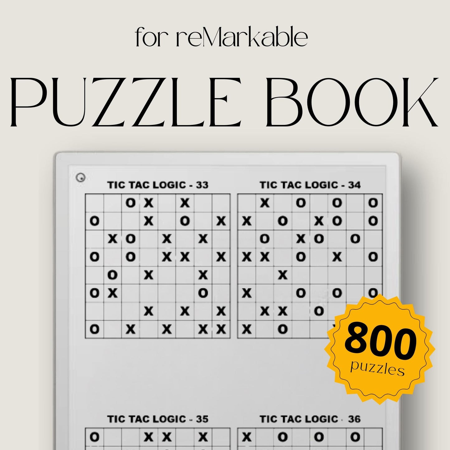 Tic tac toe logic puzzle bundle for reMarkable cover showing tic tac toe puzzle grid