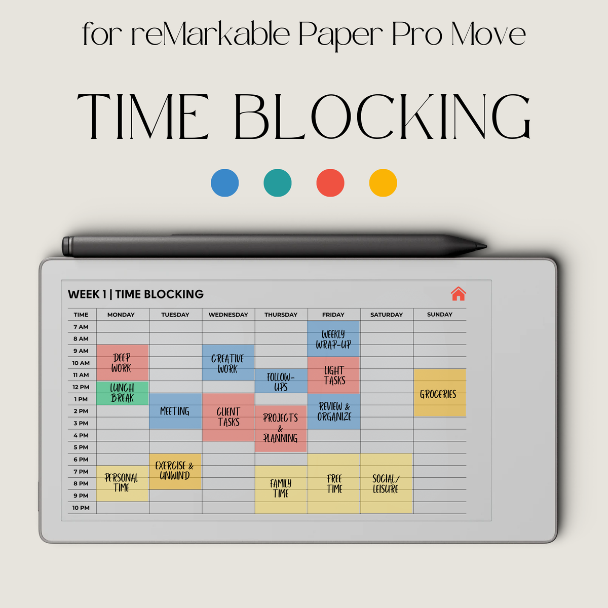 Time blocking planner landscape PDF for reMarkable Paper Pro Move with hourly weekly schedule layout.