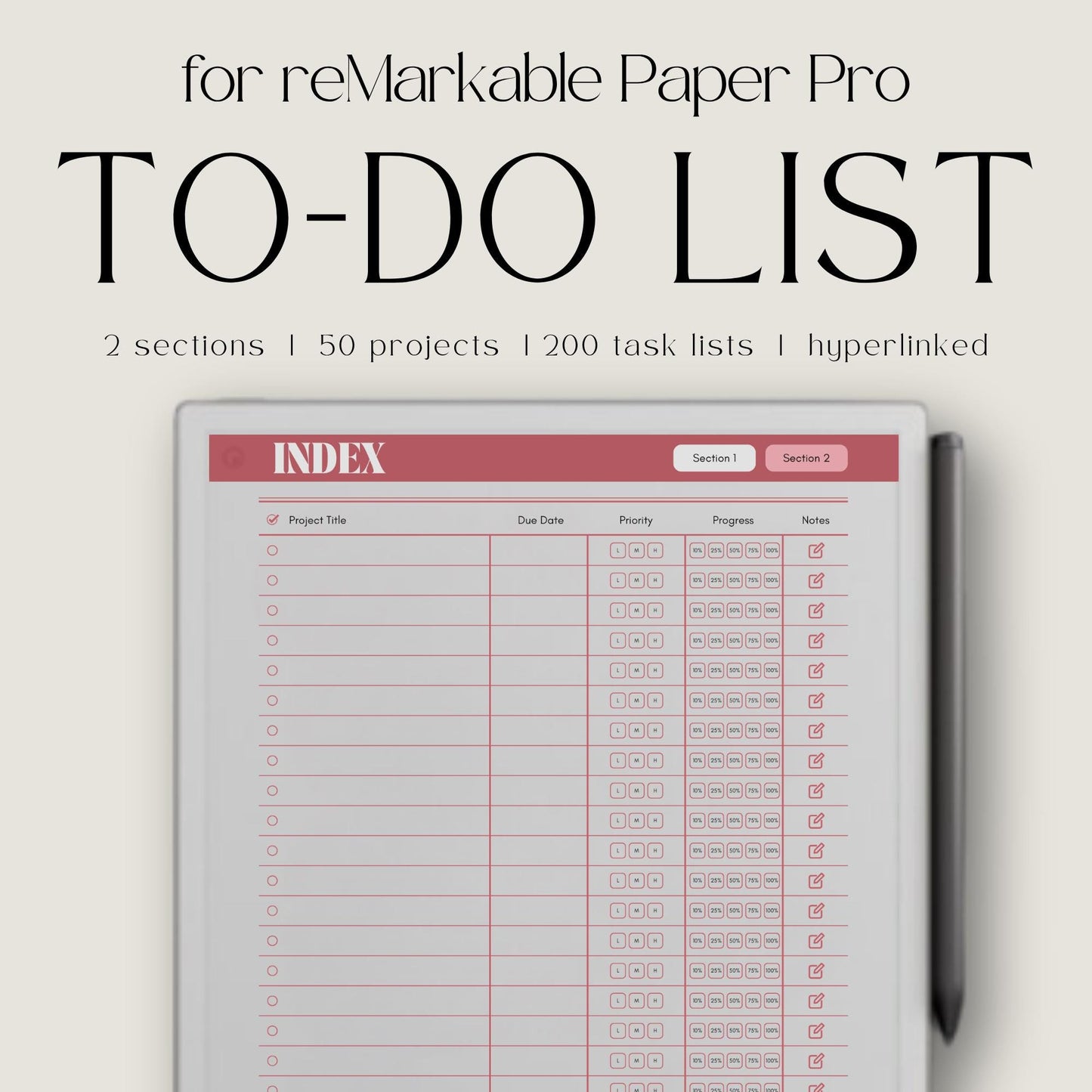 To do list notebook for reMarkable Paper Pro with hyperlinked project sections.
