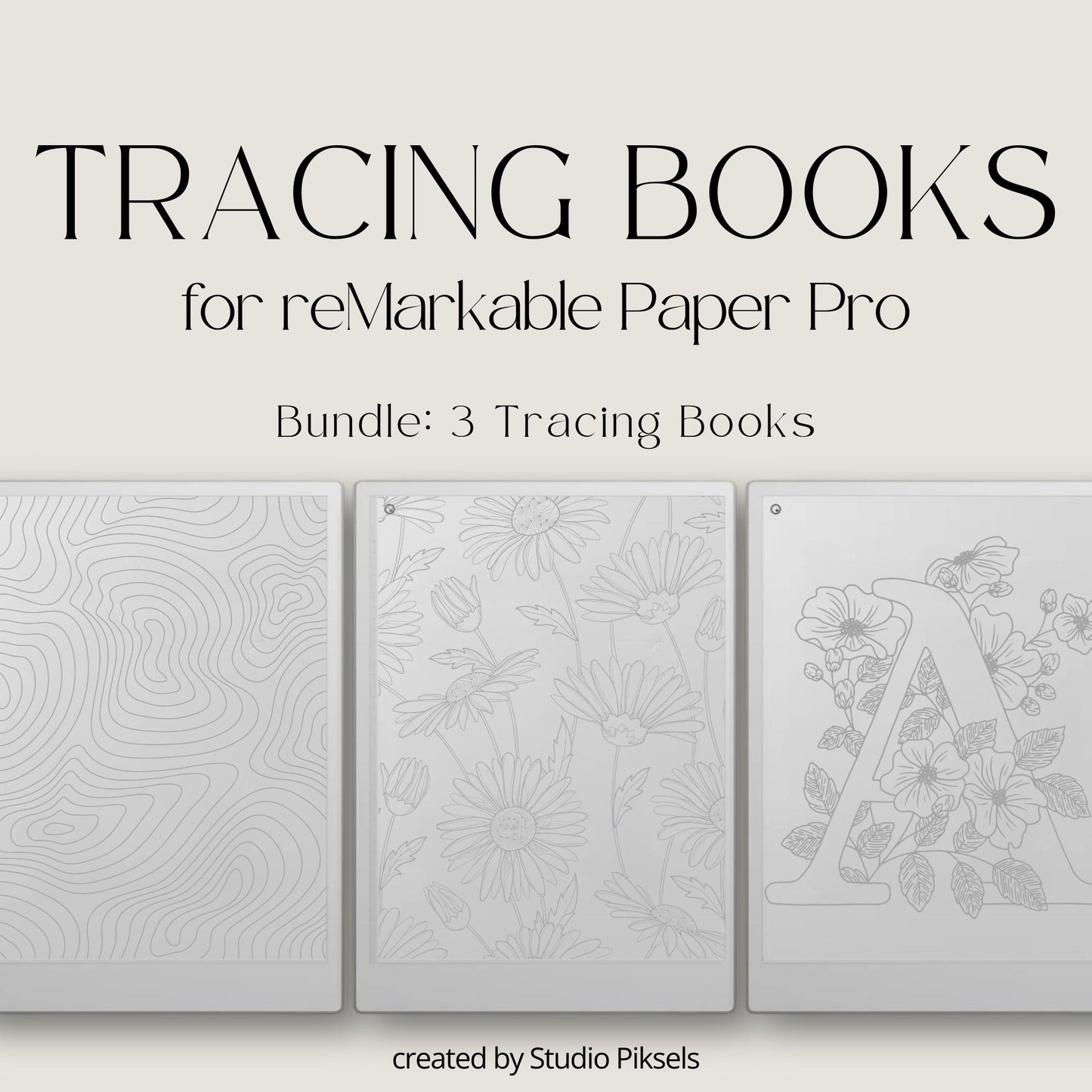 Tracing Book Bundle for reMarkable Paper Pro featuring abstract patterns, floral illustrations, and decorative alphabet tracing pages designed for mindful tracing, relaxation, and creative digital drawing on eInk devices.