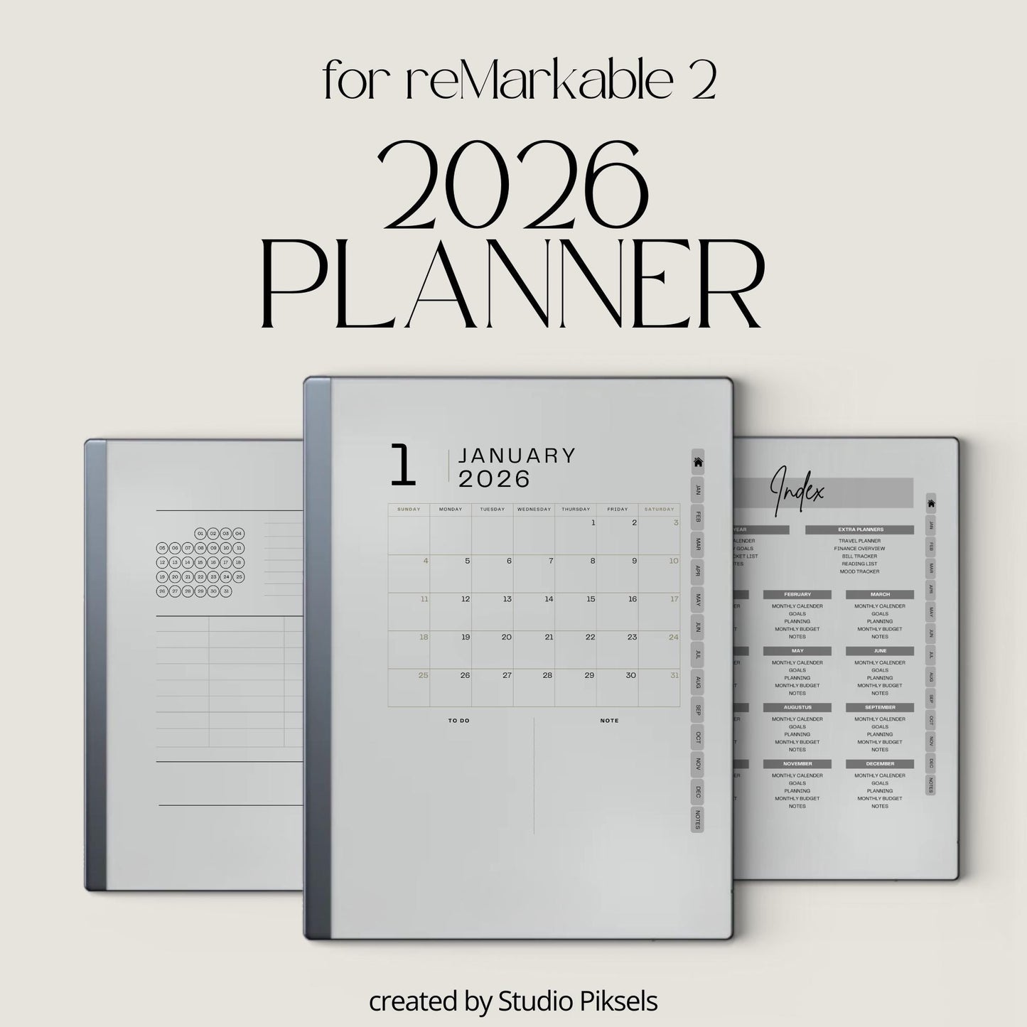 Ultimate Life Planner 2026 for reMarkable 2 and reMarkable Paper Pure featuring hyperlinked monthly planners, budgeting pages, habit trackers, and minimalist grayscale productivity layouts