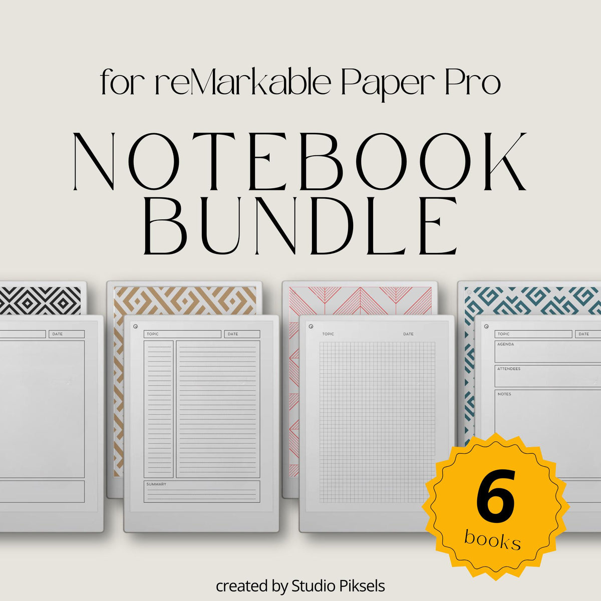 Ultimate notebooks for reMarkable Paper Pro with geometric covers and multiple layouts.