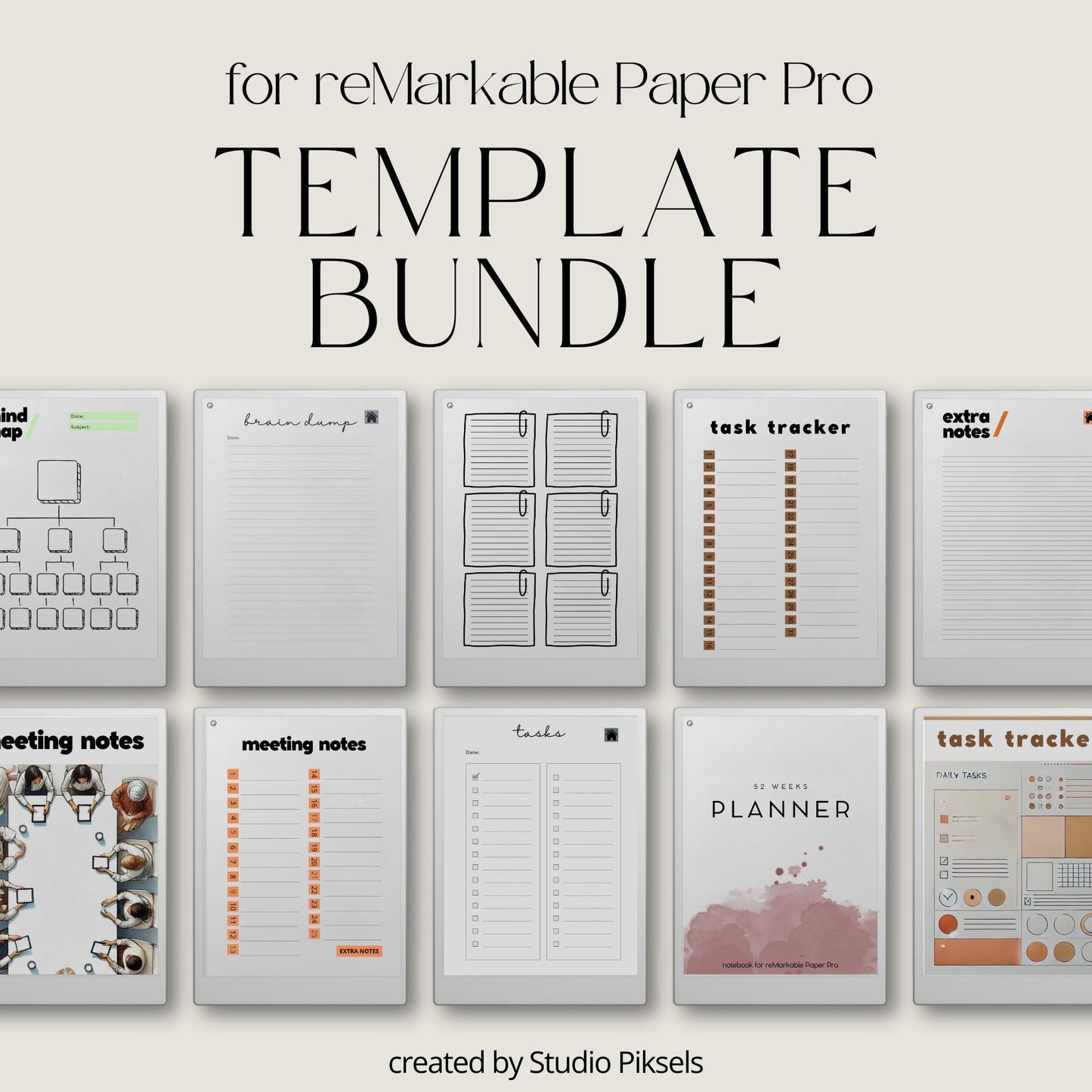 Productivity templates for reMarkable Paper Pro with hyperlinked planner, meeting notes templates, bullet journal, mind maps, and sleep screens.