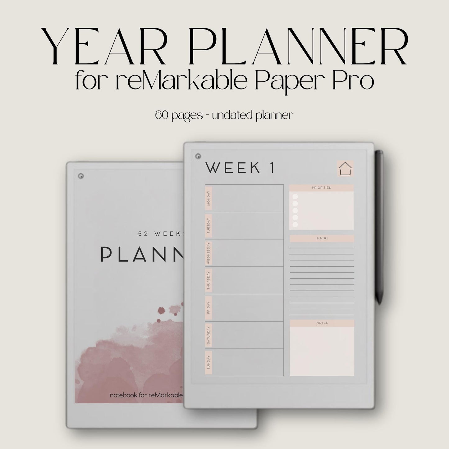 Undated planner for reMarkable Paper Pro flexible digital weekly planner with 60 undated pages for goal setting, task management, and structured planning. Includes hyperlinked navigation, weekly priorities, to-do lists, and notes sections for organized productivity.