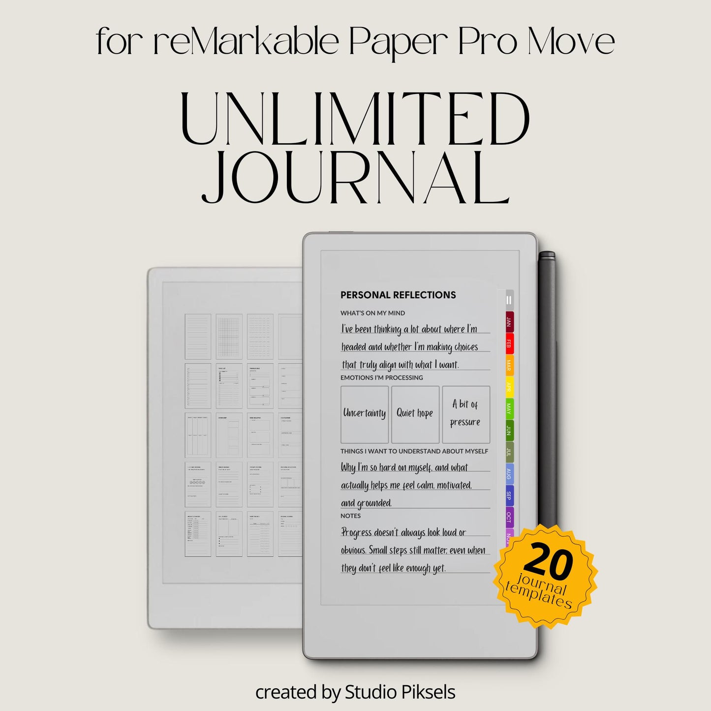Unlimited custom reflection journal for reMarkable Paper Pro Move with hyperlinked templates.