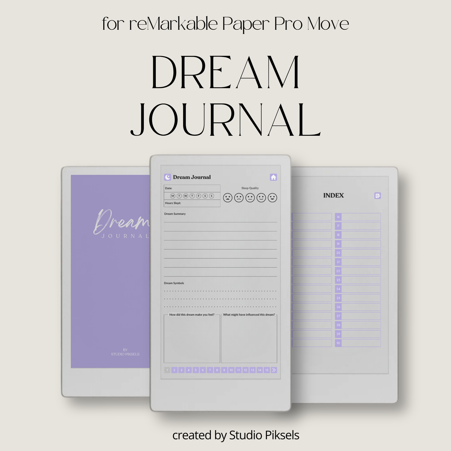 30-Day Dream Journal for reMarkable Paper Pro Move featuring 30 daily dream journal pages, dream reflection, recurring symbol tracking, and a hyperlinked PDF layout.