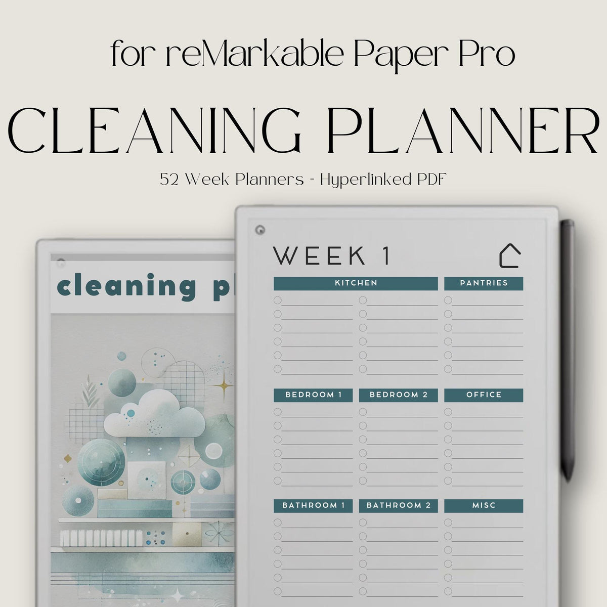 Weekly Cleaning Planner for reMarkable Paper Pro with hyperlinked index, 52 weekly cleaning pages, and structured room task sections.
