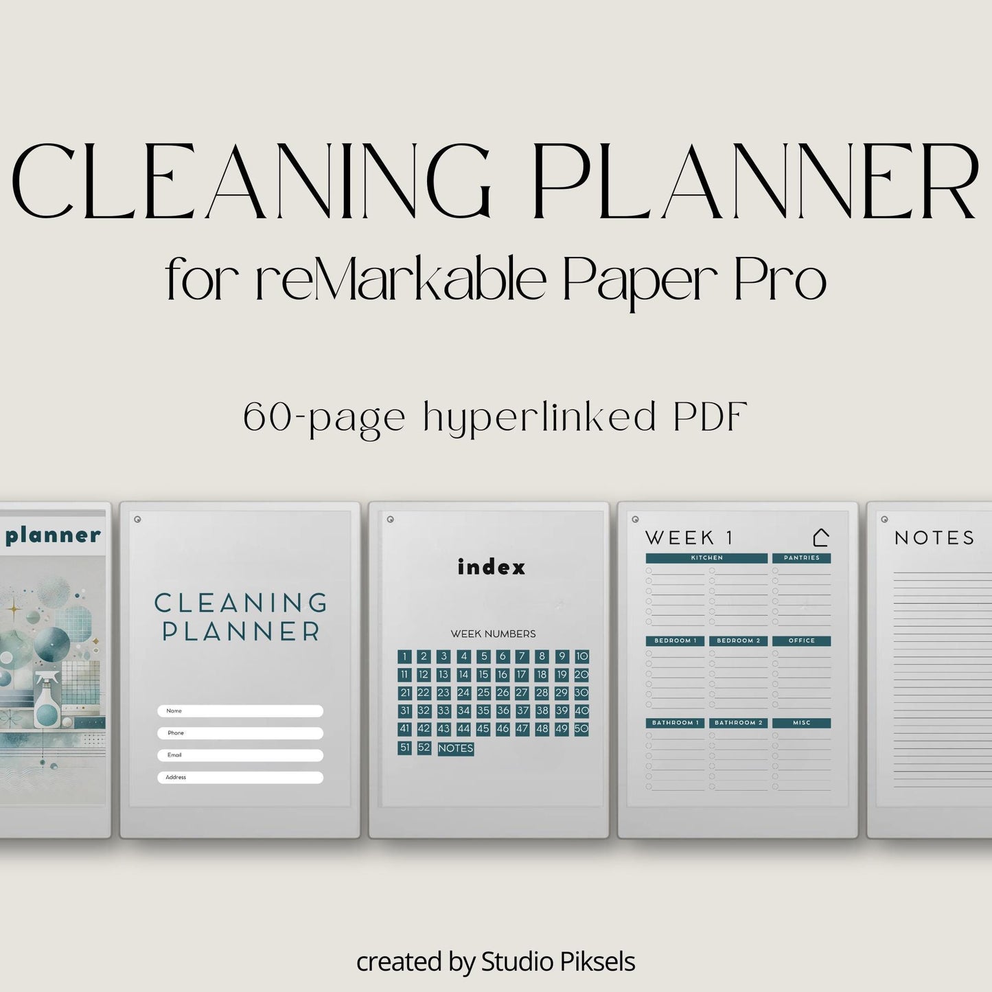 Weekly Cleaning Planner for reMarkable Paper Pro with hyperlinked index, 52 weekly cleaning pages, and structured room task sections.