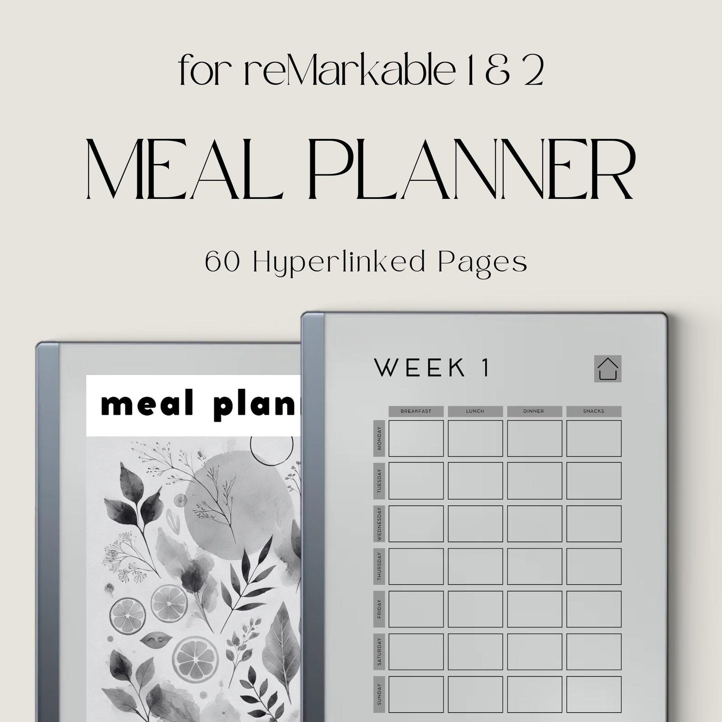 60 page hyperlinked Meal Planner PDF for reMarkable 1 and reMarkable 2 with weekly meal planning grid and clickable index.