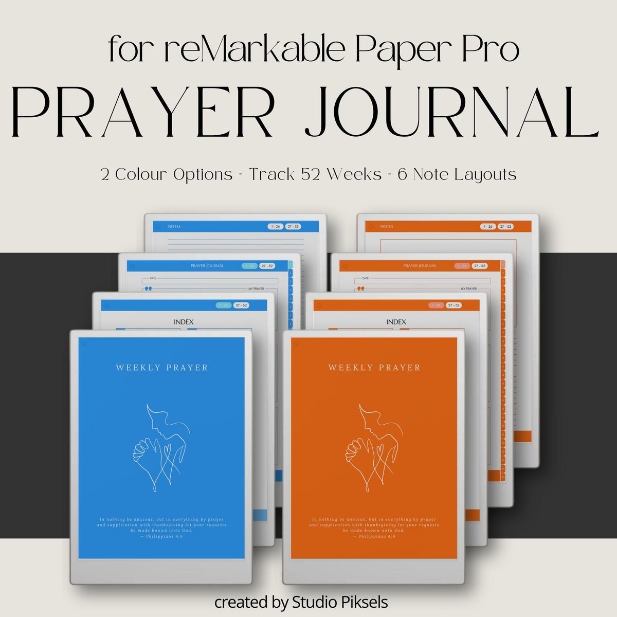 Weekly prayer journal for reMarkable Paper Pro with hyperlinked navigation for digital devotional writing.