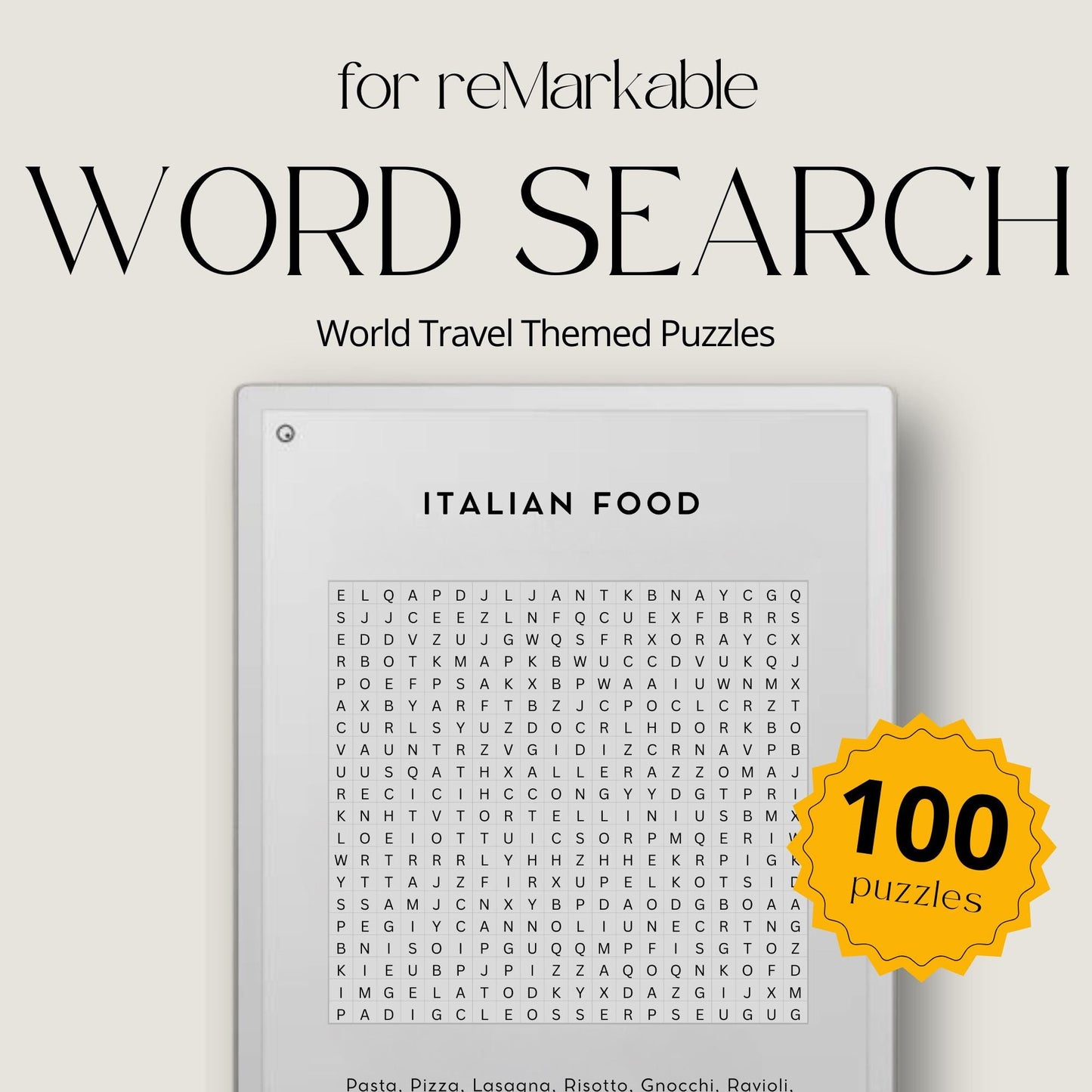 A digital Word Search Puzzle Book for reMarkable, featuring a collection of adult puzzles designed for the reMarkable tablet.