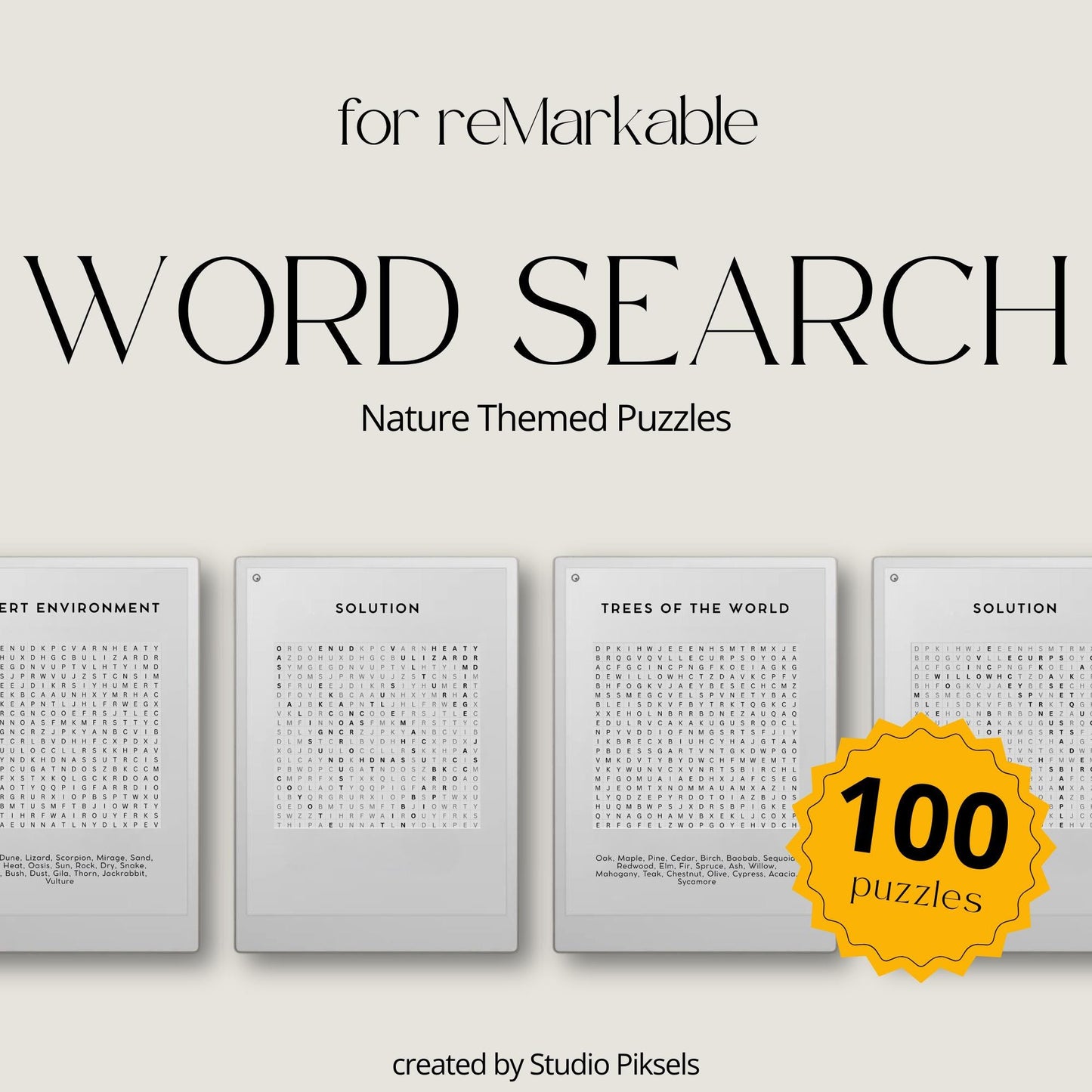 Instant download available for the Word Search Puzzle for reMarkable providing access to 100 puzzles