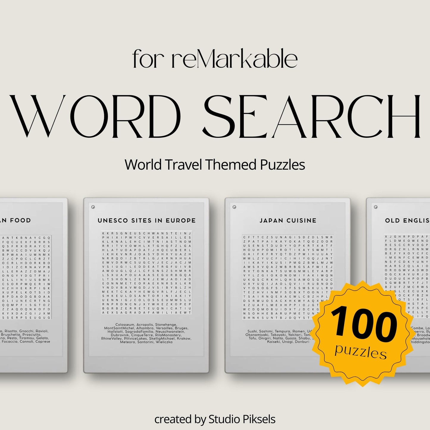 Word Search Puzzle Book for reMarkable featuring 100 travel-themed puzzles, including categories like UNESCO sites, Japan cuisine, and Old English landmarks.