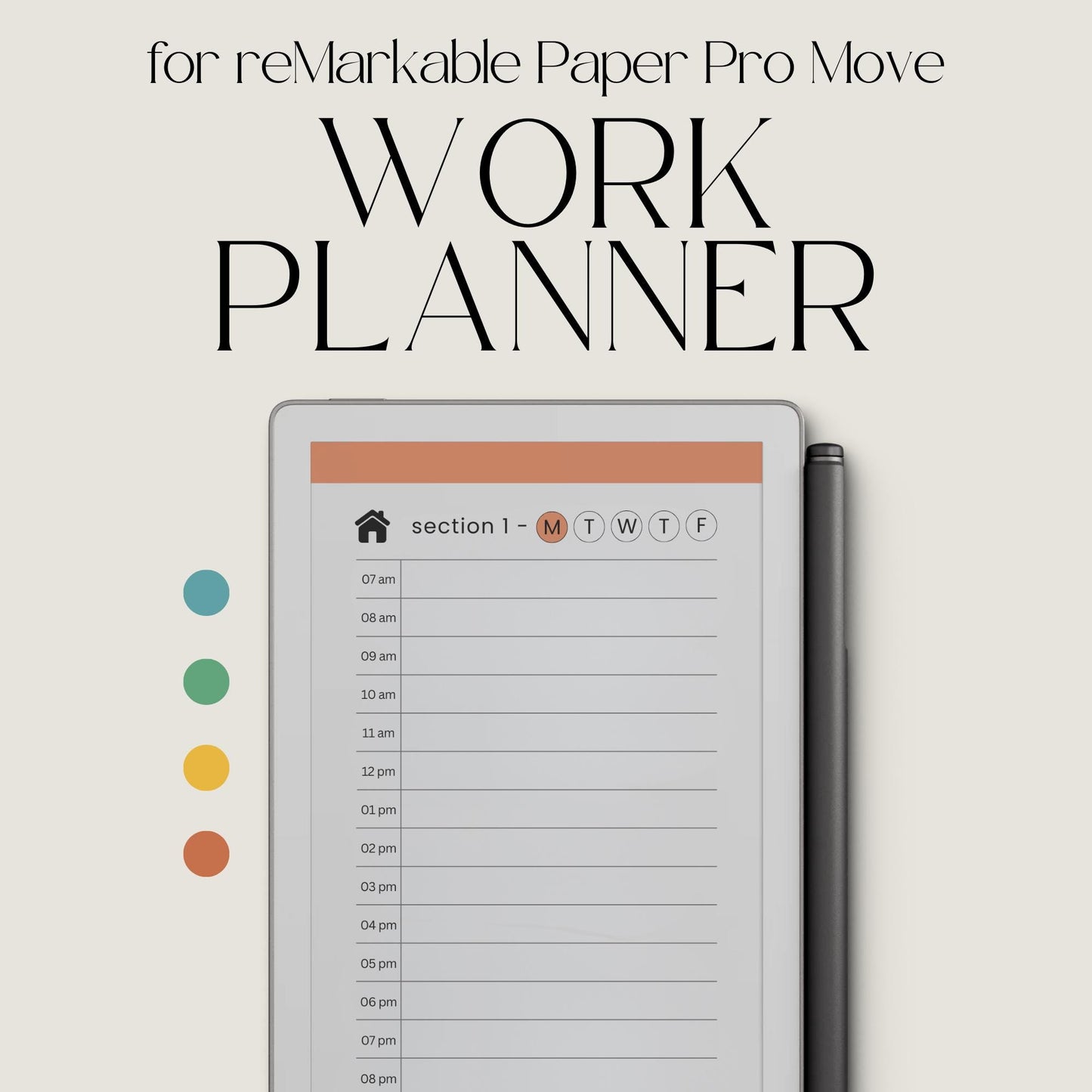 Hyperlinked work planner for reMarkable Paper Pro Move used to schedule weekday tasks, manage projects, and organize daily work routines.